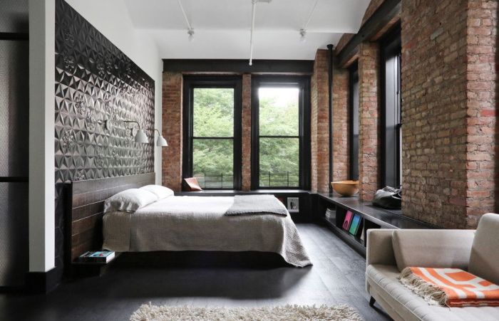 Brick loft bedroom old exposed school bedrooms design nyc walls industrial brooklyn lofts space window windows separator like