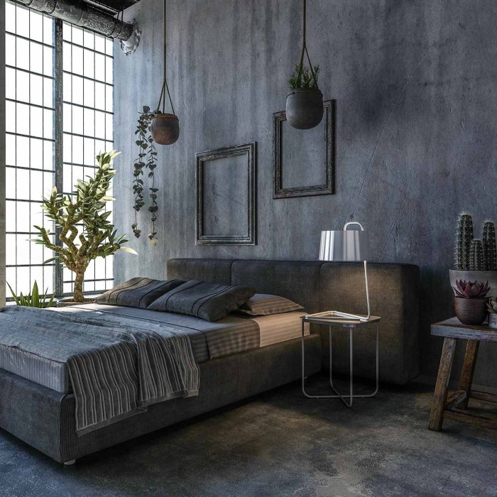 Kamar tidur industrial dengan tema grunge